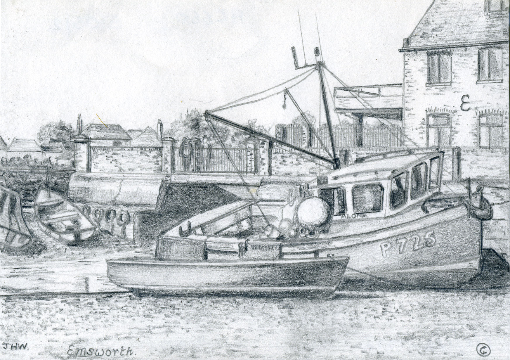Pencil drawing of South Street Quay, Sailing Club, and Bath Road houses