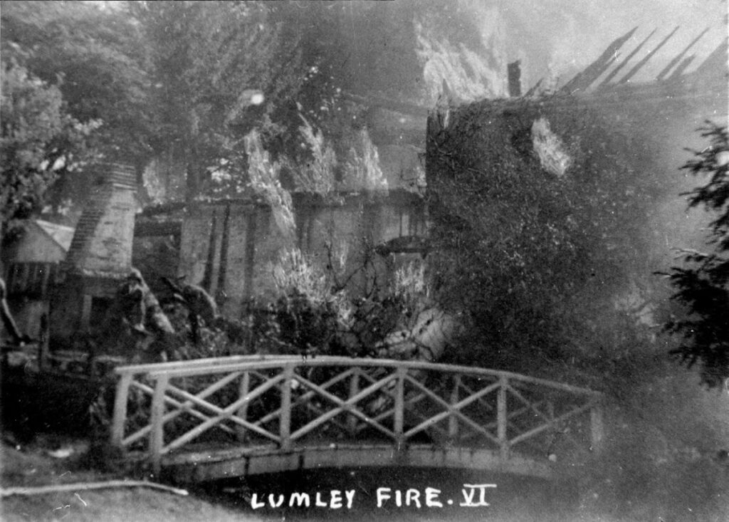 Lumley Mill on fire in 1915. It had been sold by James Alfred Terry a few months earlier.