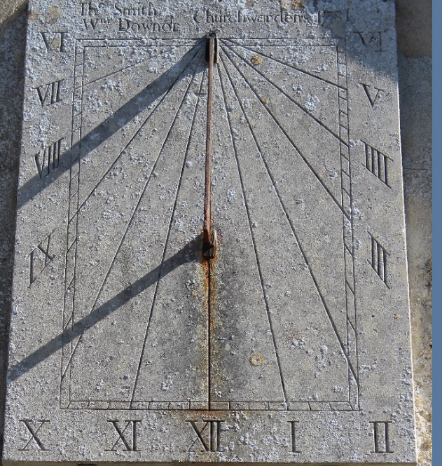 9.15 am BST Thursday 25th June 2020. Adjusting to 8.15 am GMT it shows the dial has been calibrated well. The gnomon shadow (top) had just appeared as the sun emerged south of the plane of the sundial face